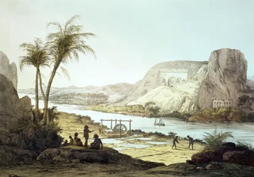 Blick auf die Tempel von Abu Simbel, Nubien, gestochen von Augustine Aglio (1777-1857)